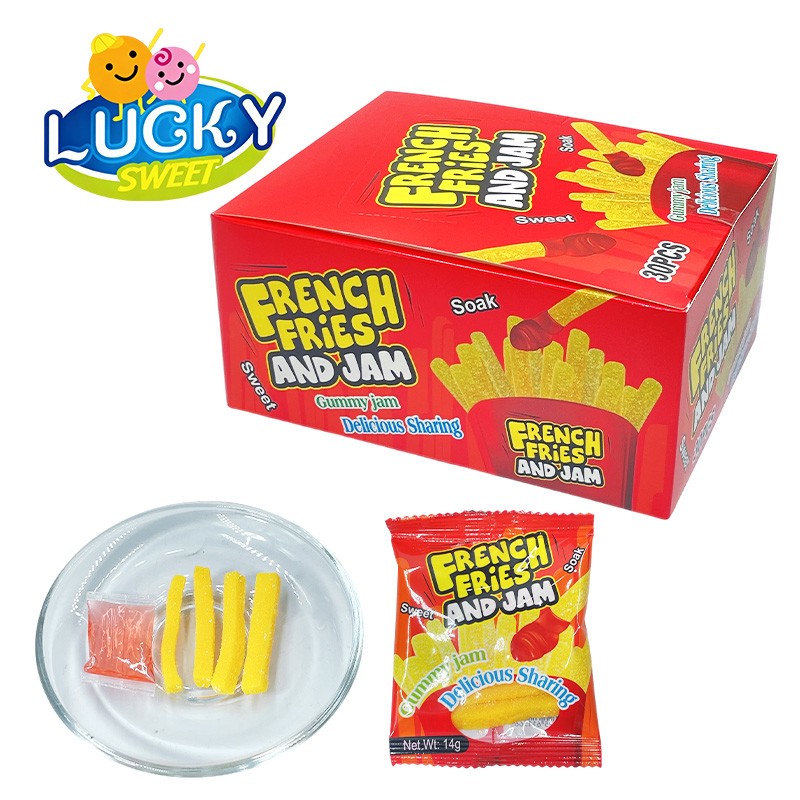 French fries-shaped gummy candies with j